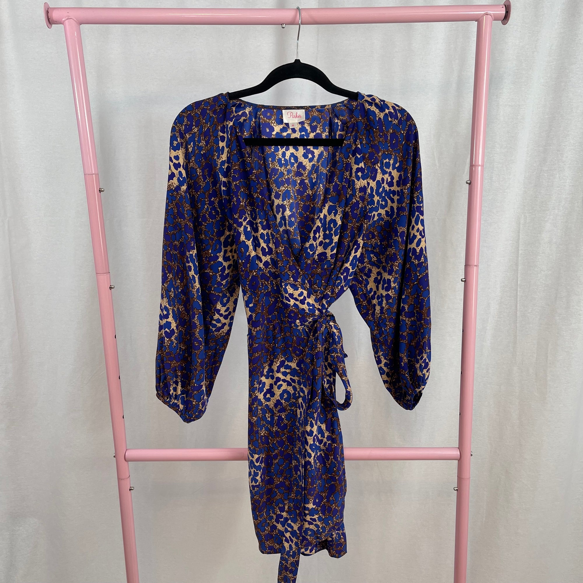 Parker 100% Silk Blue Cheetah Print Side Tie Mini Dress size M