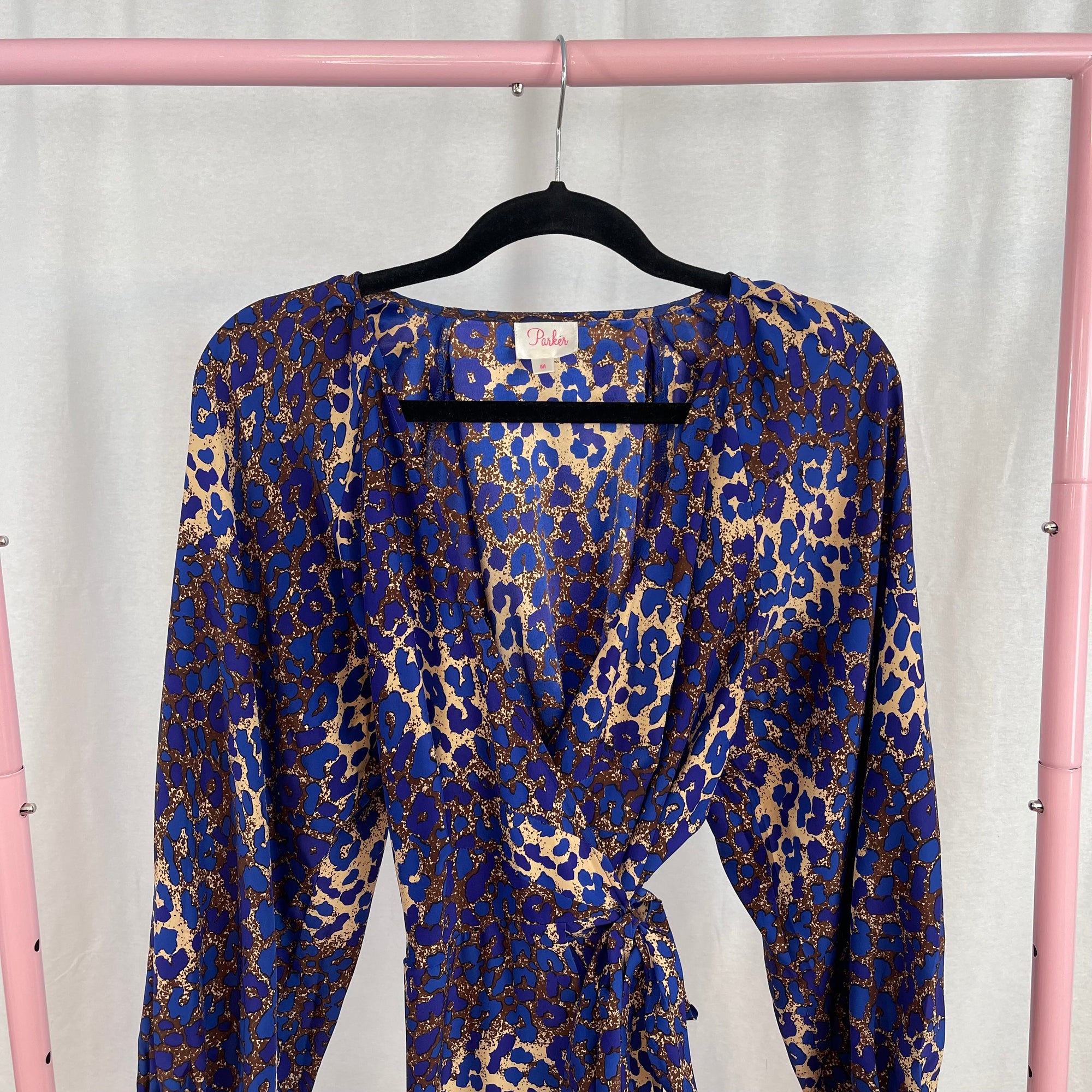 Parker 100% Silk Blue Cheetah Print Side Tie Mini Dress size M