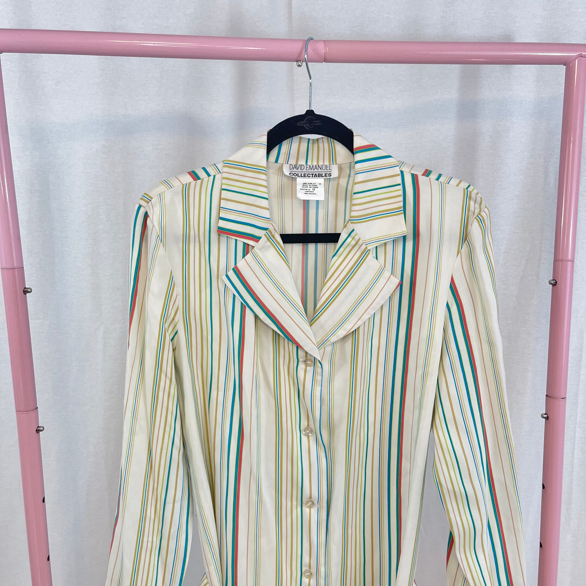 Vintage David Emanuel Collectables 100% Silk Striped Belted Shirt Dress 12