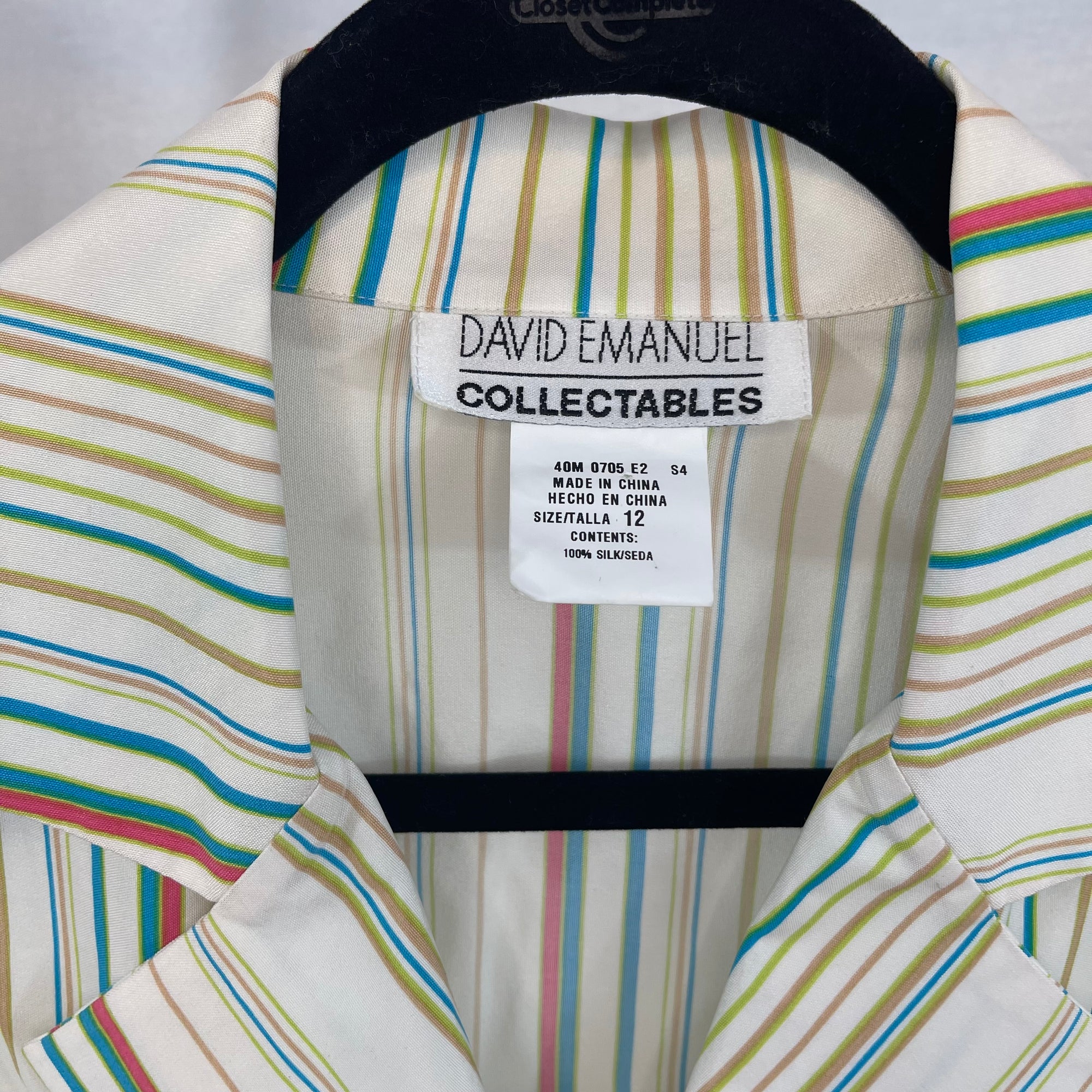 Vintage David Emanuel Collectables 100% Silk Striped Belted Shirt Dress 12