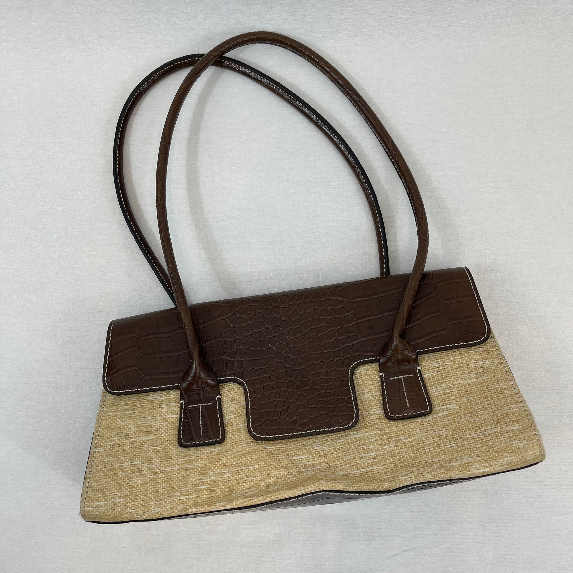 Vintage Tommy Hilfiger Brown Leather Straw Shoulder Bag