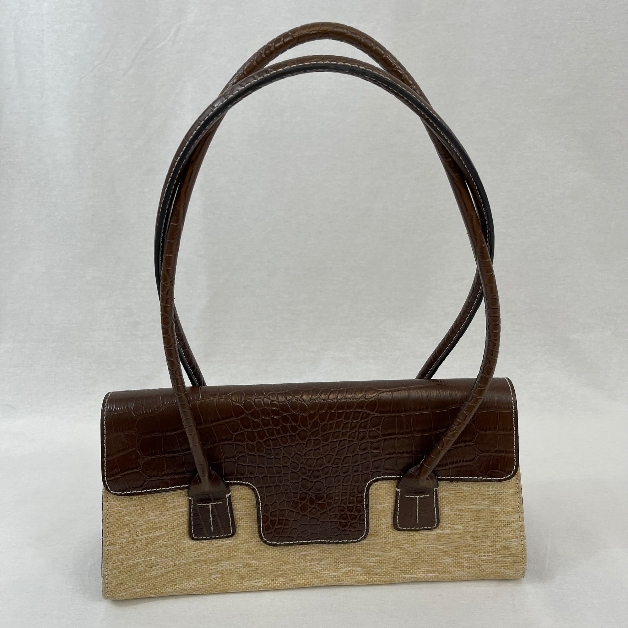 Vintage Tommy Hilfiger Brown Leather Straw Shoulder Bag