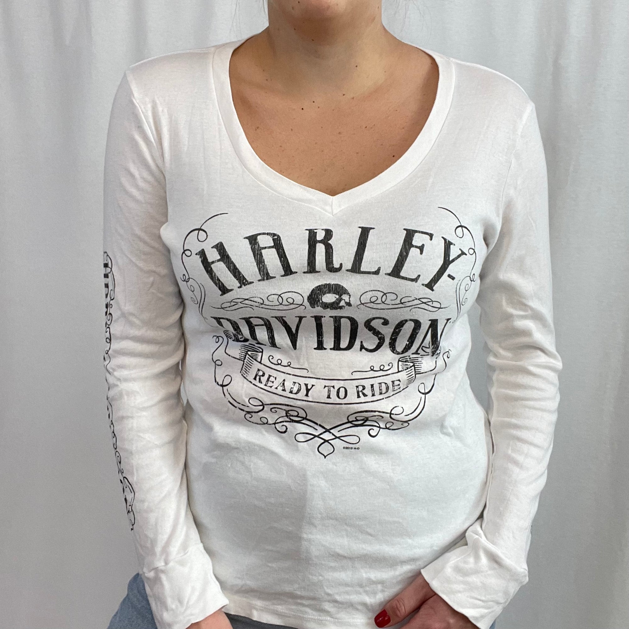 Women's Harley Davidson White Dublin Graphic Long Sleeve V-Neck size Large