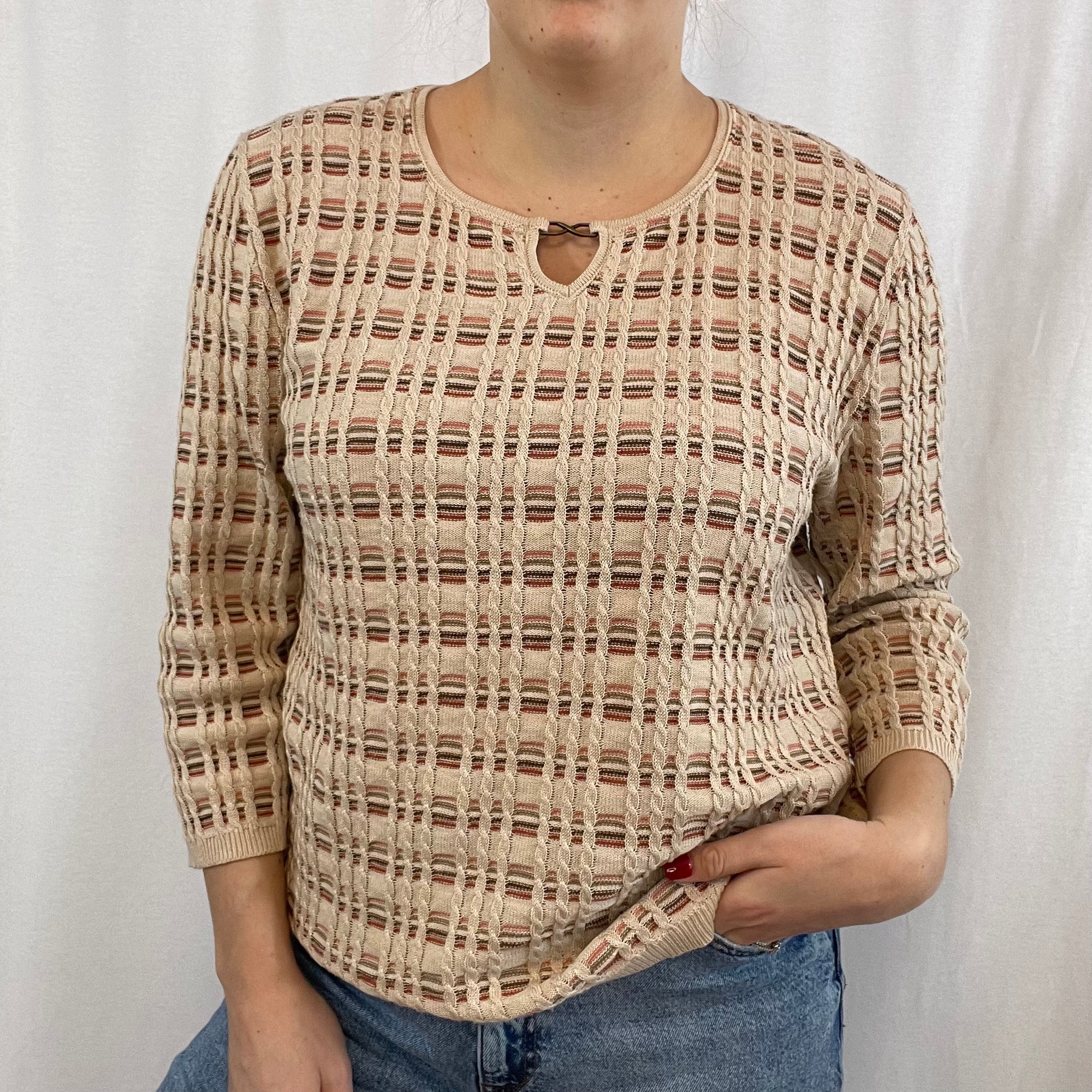 Vintage Alfred Dunner Tan Striped Cable Knit Sweater size Large